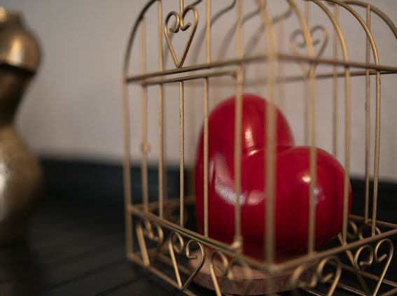 Red heart inside a gold birdcage