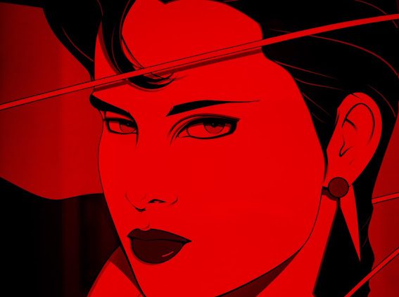 Red and black fashion-illustration portrait on the wall